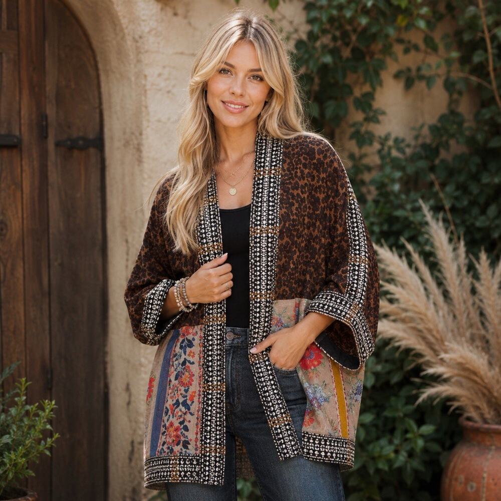 John Mark Patchwork Artsy Floral Embroidered Open Front 3/4 Sleeve Kimono S